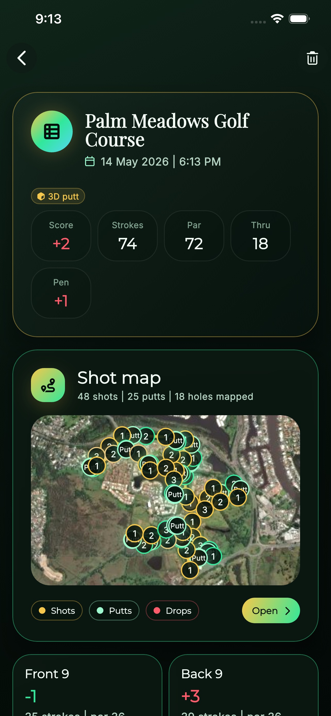 Local Golf scorecard with shot map and round details