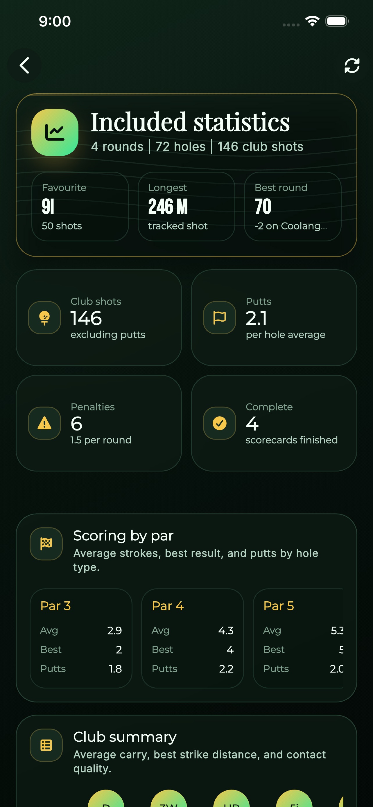 Local Golf player statistics screen